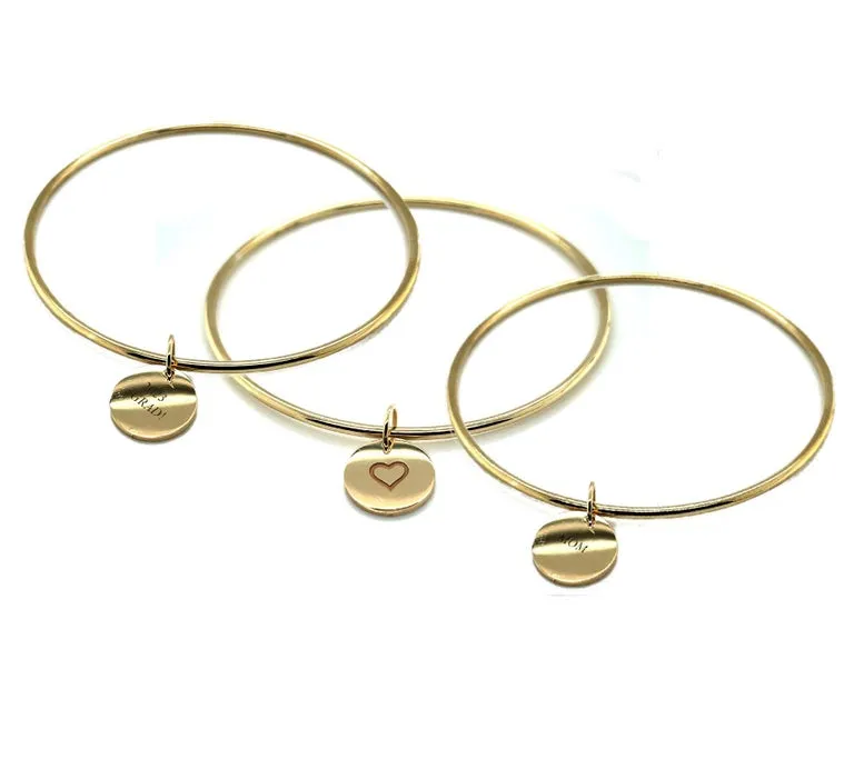 Round Bangle Bracelet with Engravable Charm in 14k Yellow Gold