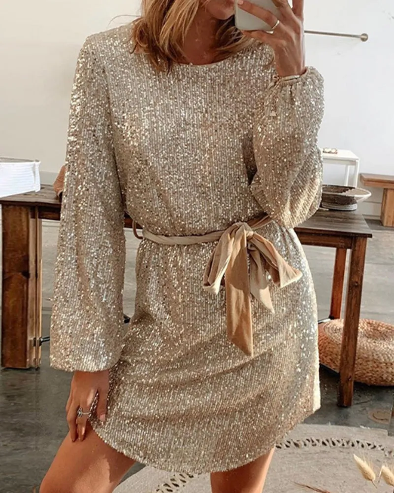 Round Collar Lantern Sleeve Sequin Puff Sleeve Mini Dresses