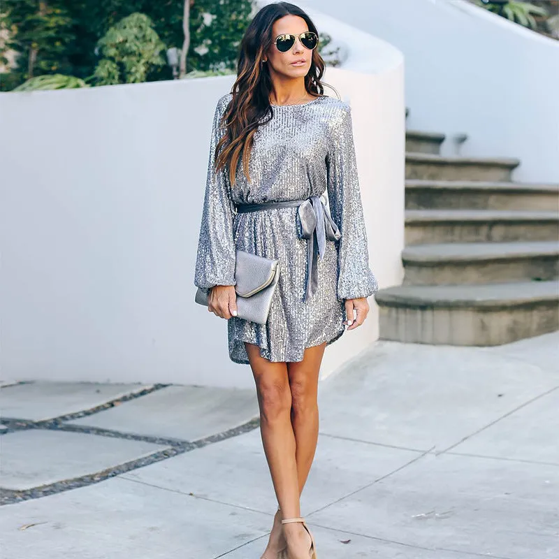Round Collar Lantern Sleeve Sequin Puff Sleeve Mini Dresses