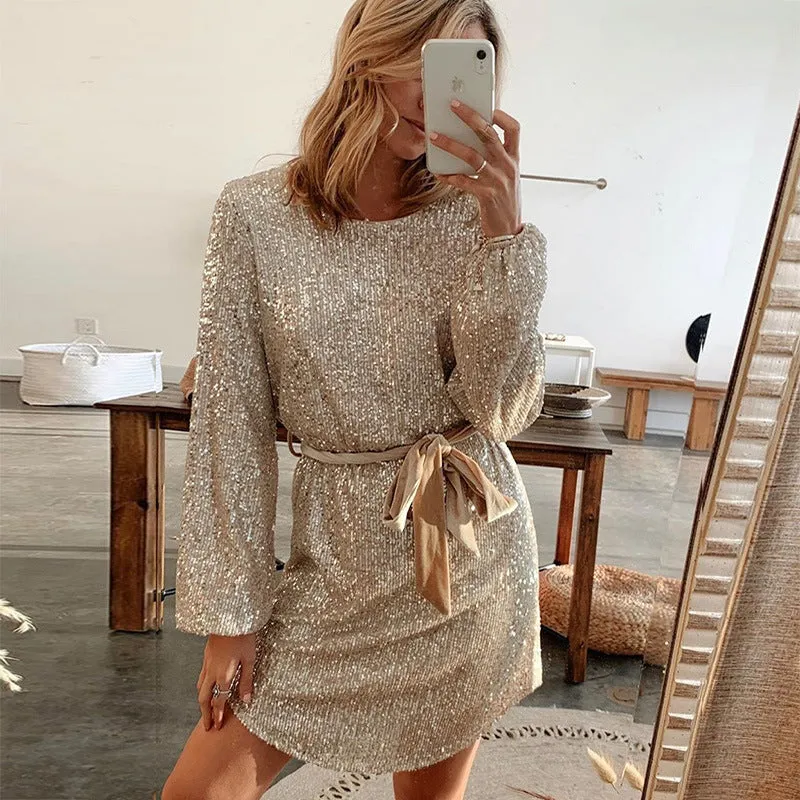 Round Collar Lantern Sleeve Sequin Puff Sleeve Mini Dresses