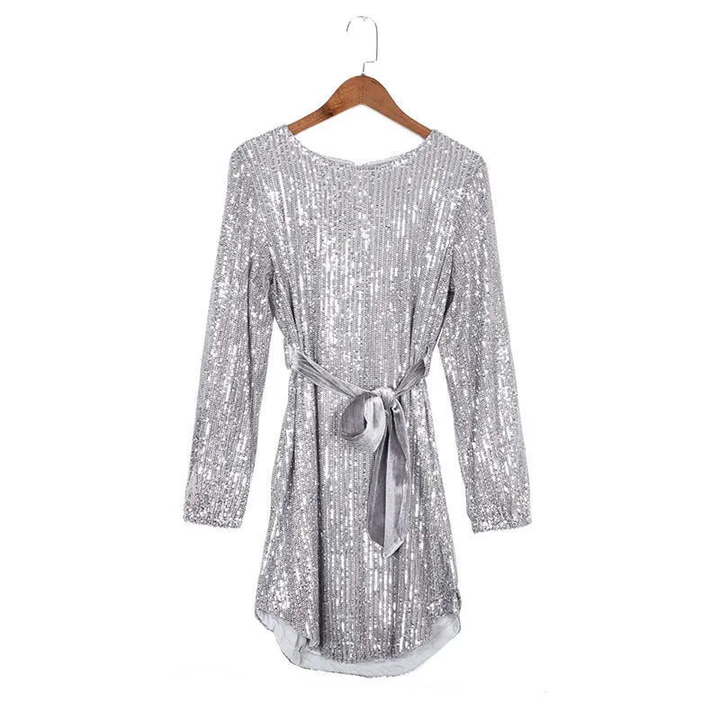 Round Collar Lantern Sleeve Sequin Puff Sleeve Mini Dresses