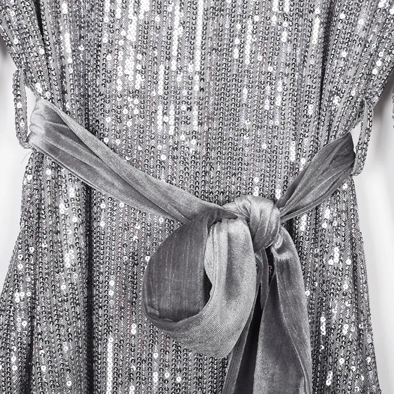 Round Collar Lantern Sleeve Sequin Puff Sleeve Mini Dresses