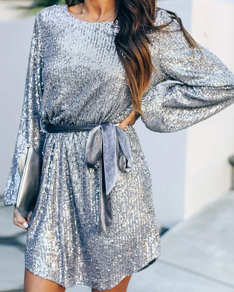 Round Collar Lantern Sleeve Sequin Puff Sleeve Mini Dresses
