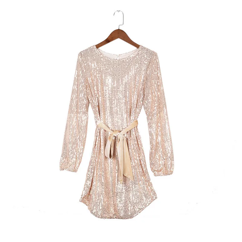 Round Collar Lantern Sleeve Sequin Puff Sleeve Mini Dresses