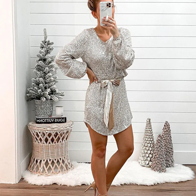 Round Collar Lantern Sleeve Sequin Puff Sleeve Mini Dresses