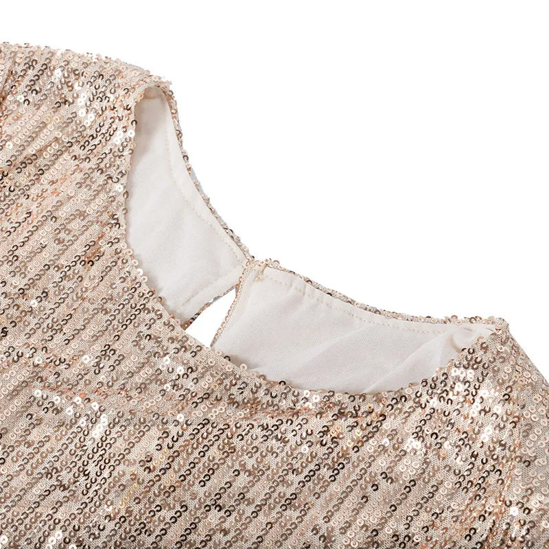 Round Collar Lantern Sleeve Sequin Puff Sleeve Mini Dresses