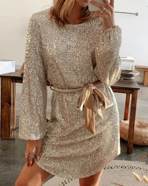 Round Collar Lantern Sleeve Sequin Puff Sleeve Mini Dresses