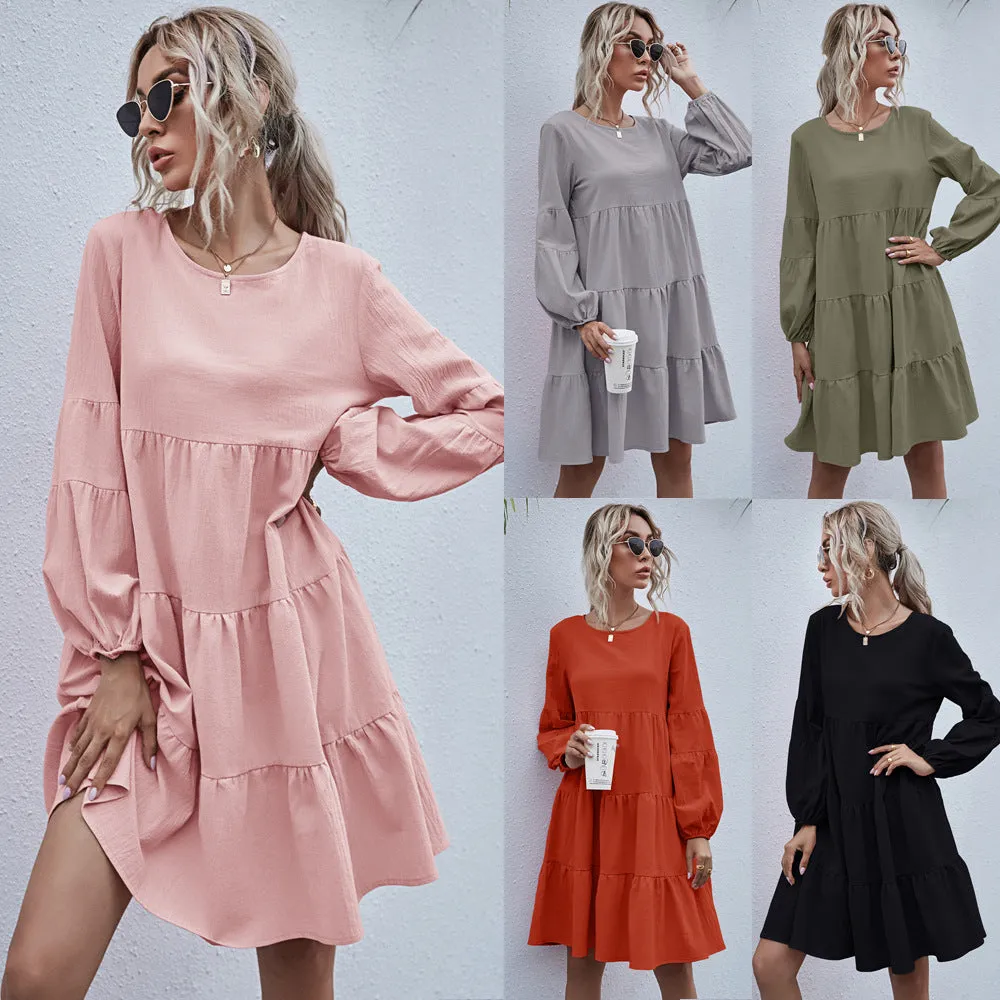 Round Neck Lantern Elastic Bubble Sleeve Mini Dresses