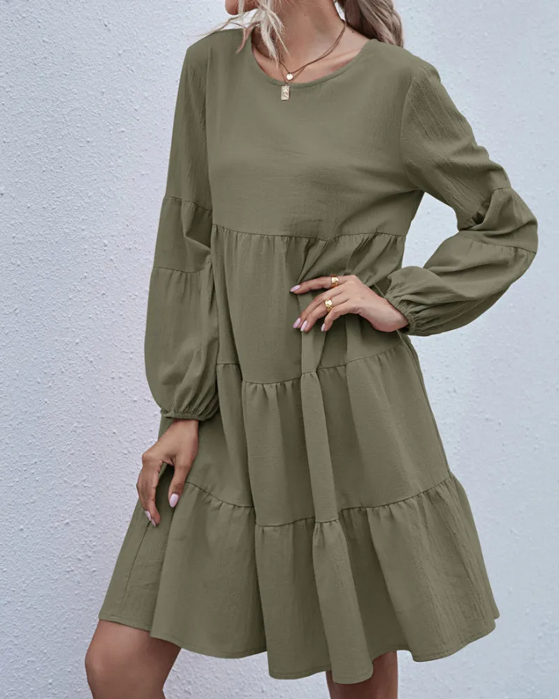Round Neck Lantern Elastic Bubble Sleeve Mini Dresses