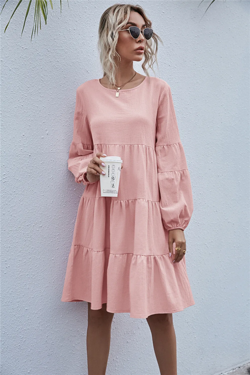 Round Neck Lantern Elastic Bubble Sleeve Mini Dresses