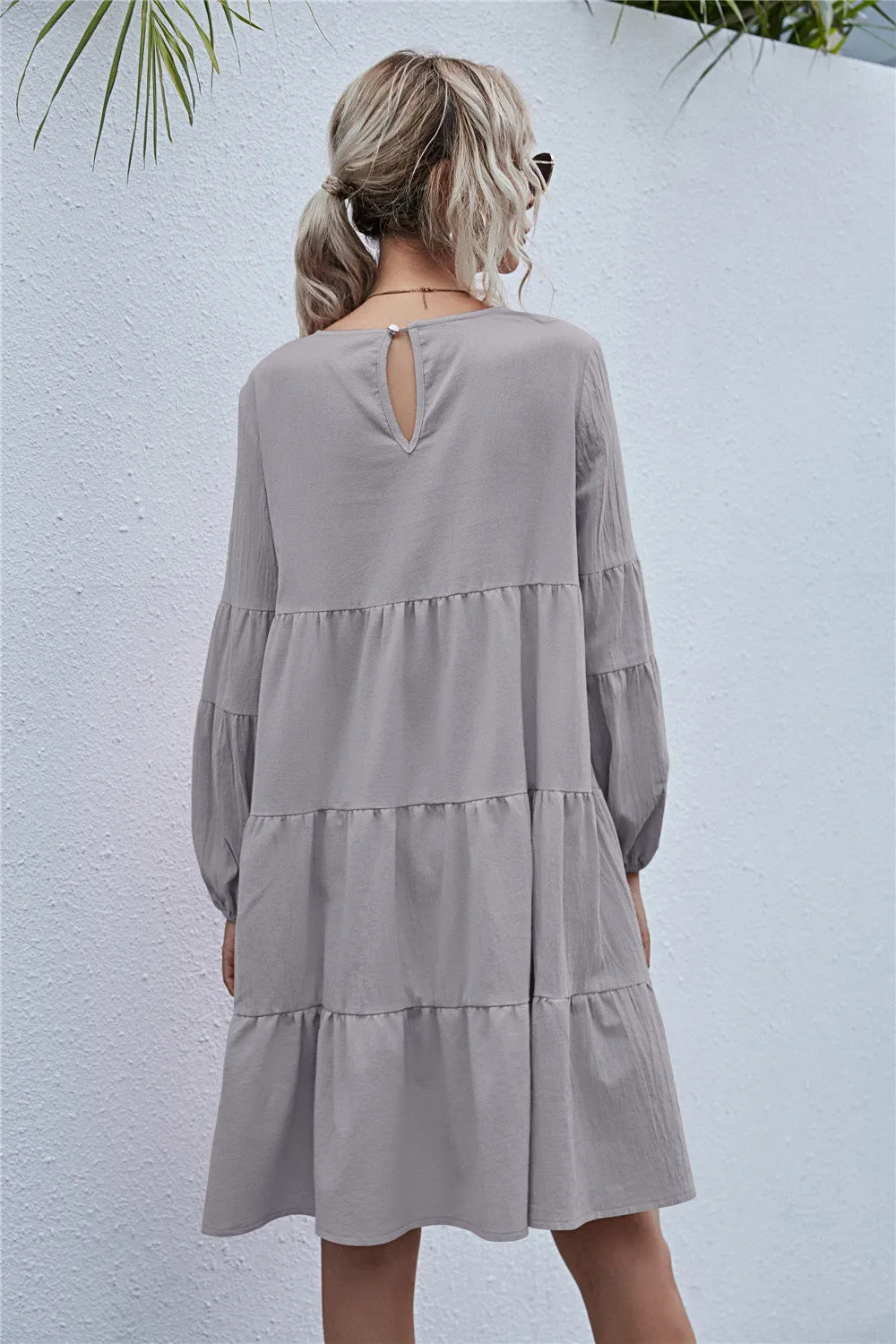 Round Neck Lantern Elastic Bubble Sleeve Mini Dresses