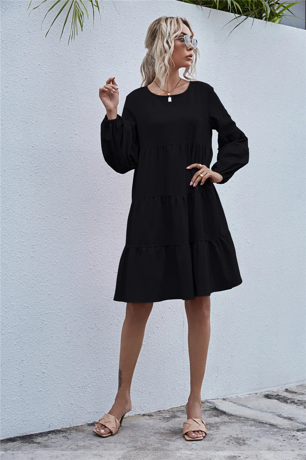 Round Neck Lantern Elastic Bubble Sleeve Mini Dresses