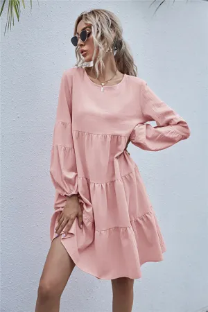 Round Neck Lantern Elastic Bubble Sleeve Mini Dresses