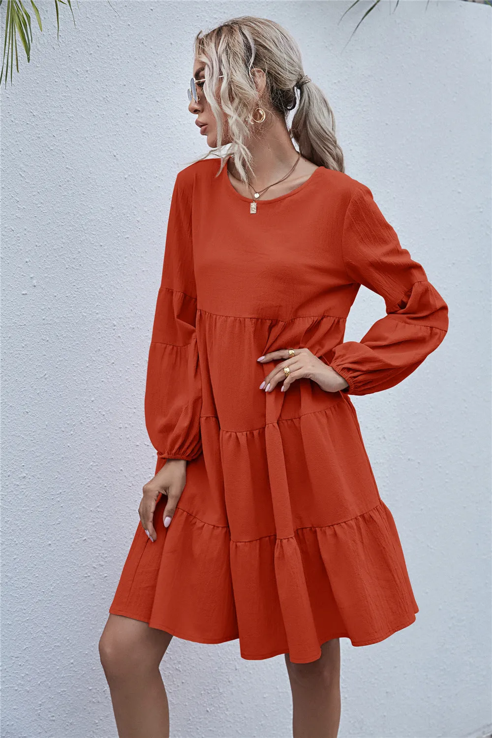 Round Neck Lantern Elastic Bubble Sleeve Mini Dresses