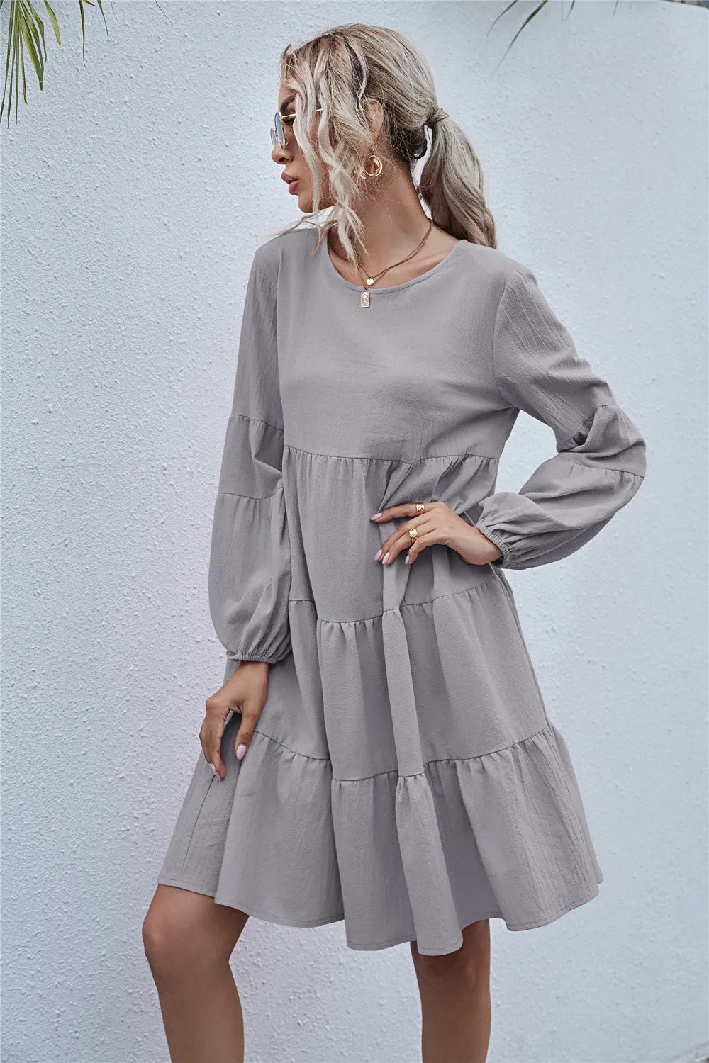 Round Neck Lantern Elastic Bubble Sleeve Mini Dresses