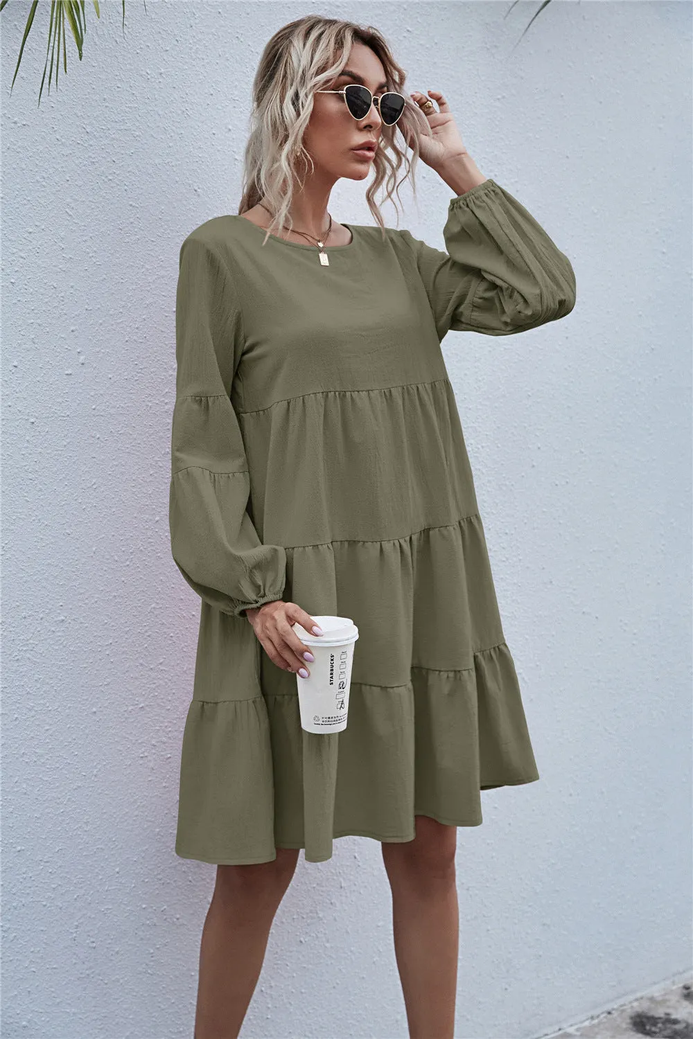 Round Neck Lantern Elastic Bubble Sleeve Mini Dresses