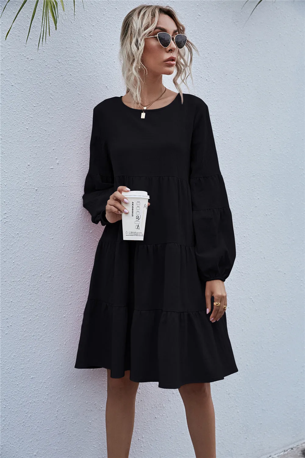 Round Neck Lantern Elastic Bubble Sleeve Mini Dresses