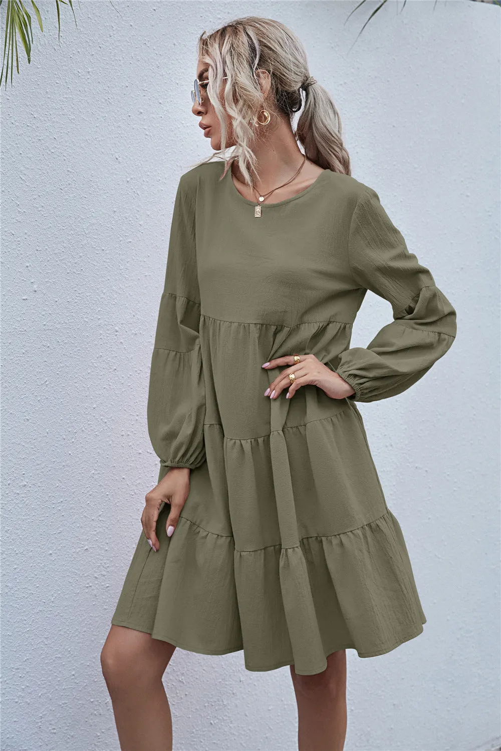Round Neck Lantern Elastic Bubble Sleeve Mini Dresses