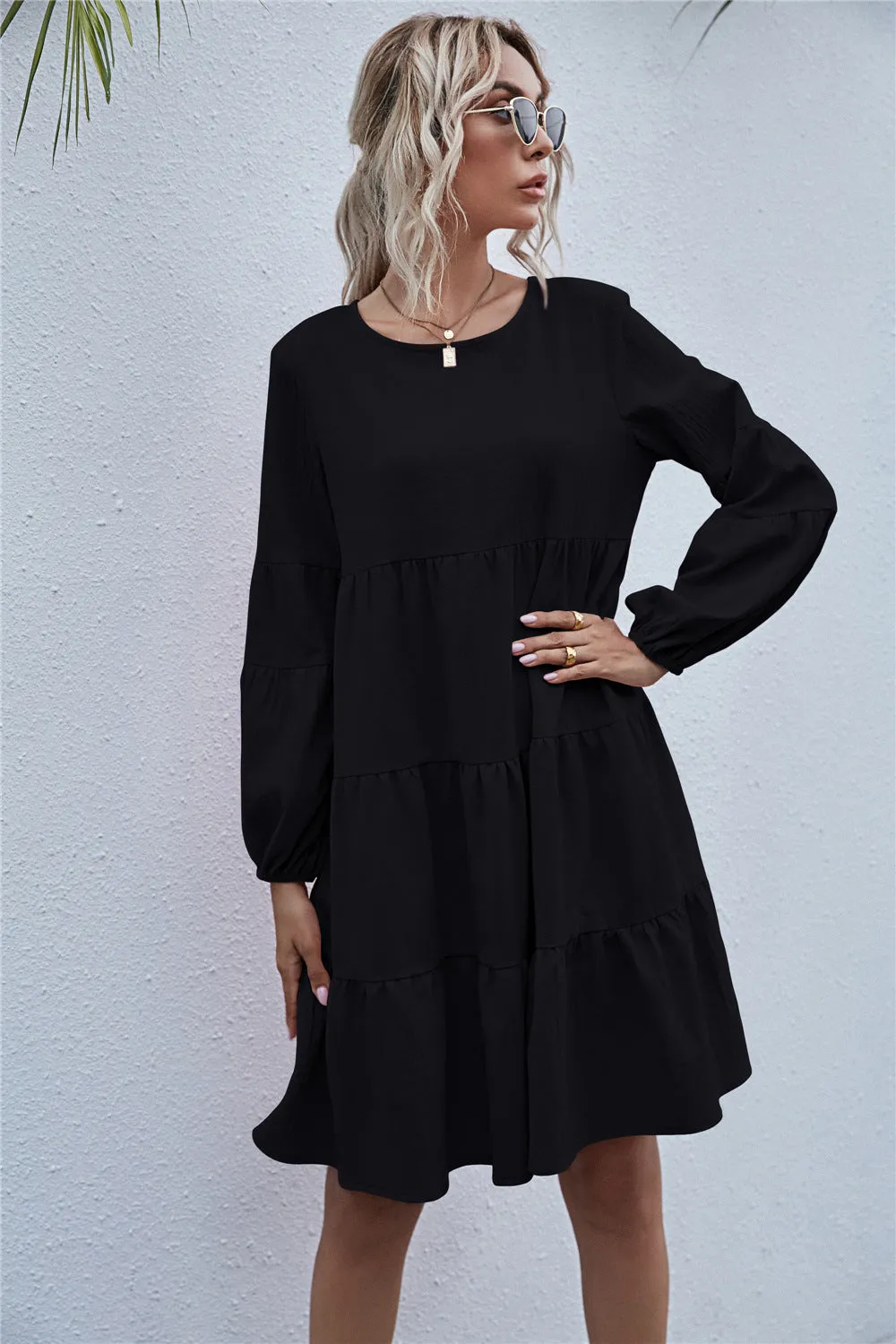 Round Neck Lantern Elastic Bubble Sleeve Mini Dresses