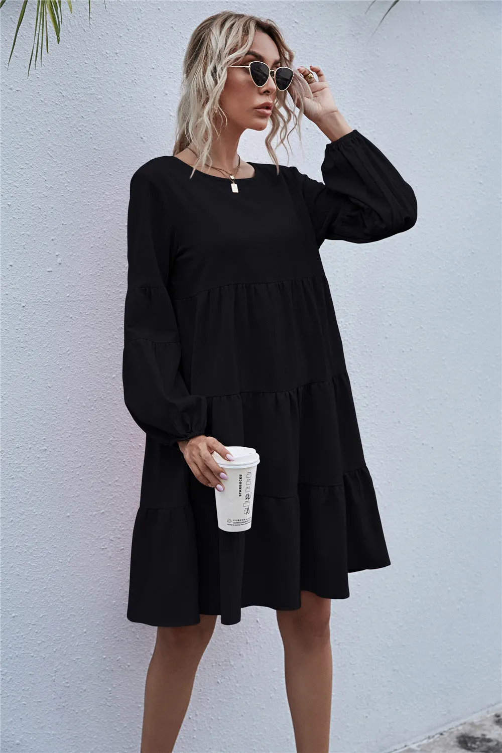 Round Neck Lantern Elastic Bubble Sleeve Mini Dresses