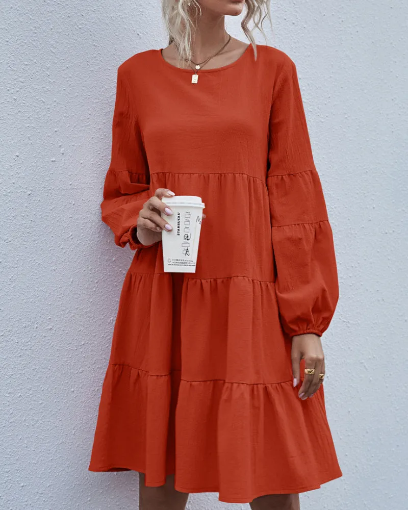 Round Neck Lantern Elastic Bubble Sleeve Mini Dresses