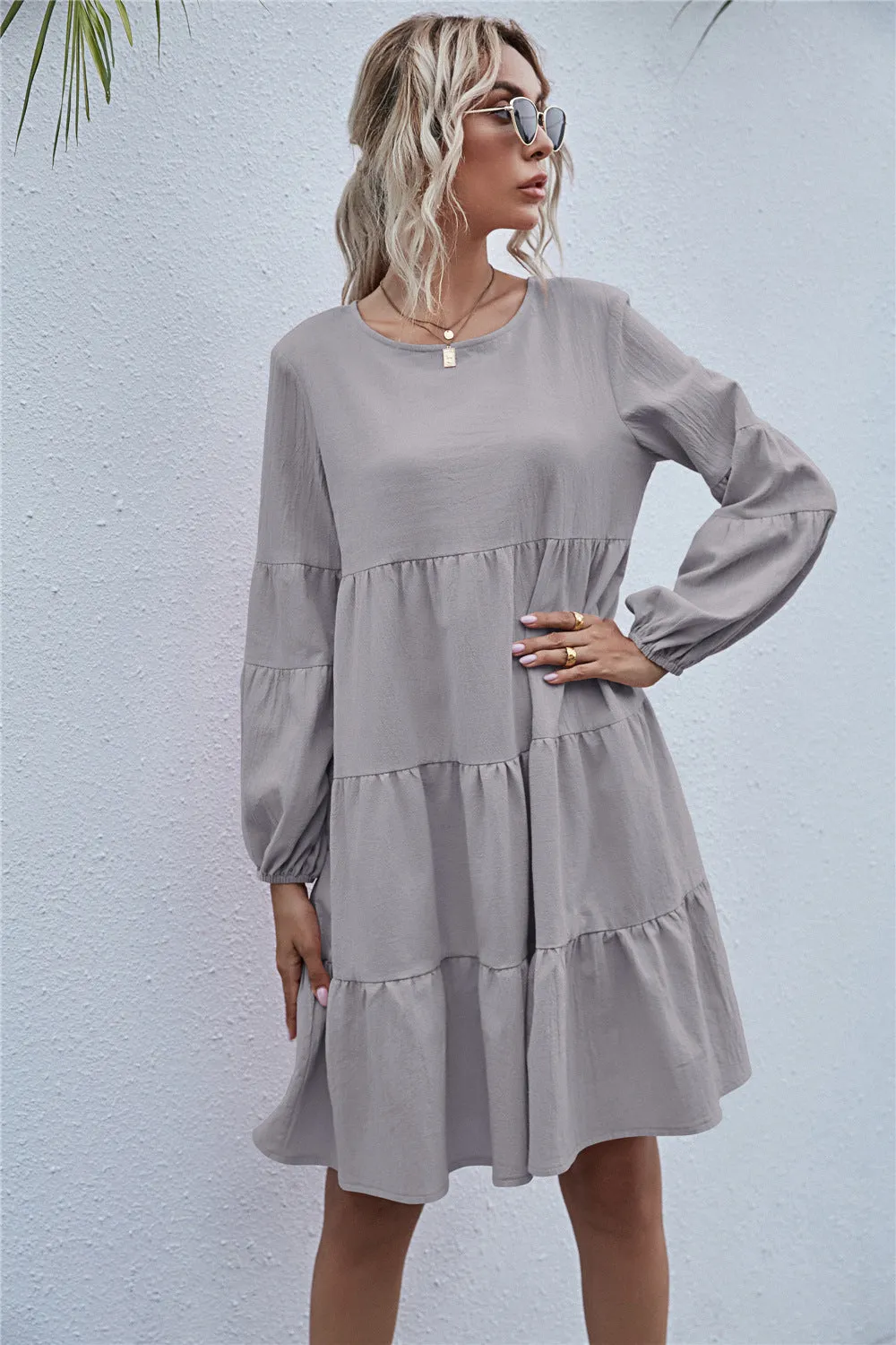 Round Neck Lantern Elastic Bubble Sleeve Mini Dresses