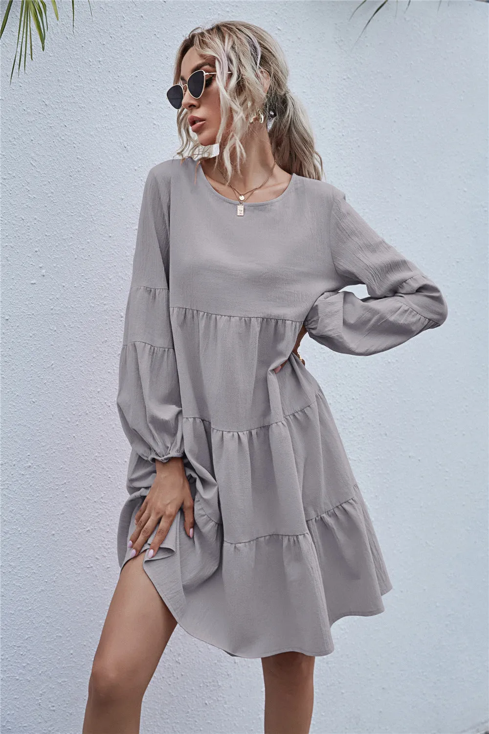 Round Neck Lantern Elastic Bubble Sleeve Mini Dresses