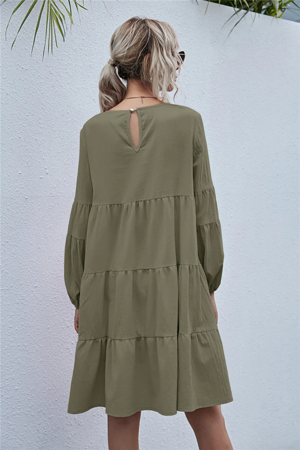 Round Neck Lantern Elastic Bubble Sleeve Mini Dresses