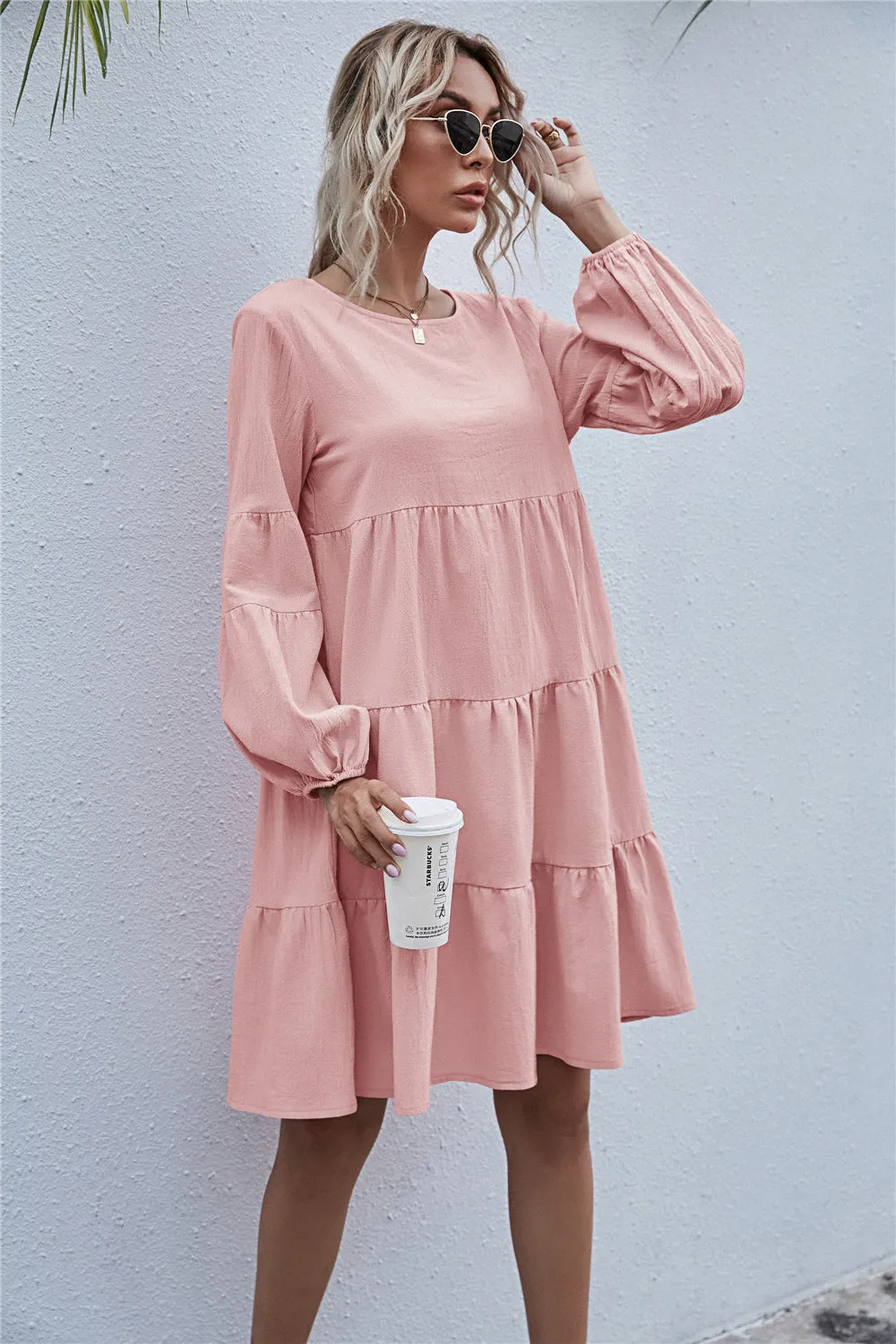 Round Neck Lantern Elastic Bubble Sleeve Mini Dresses
