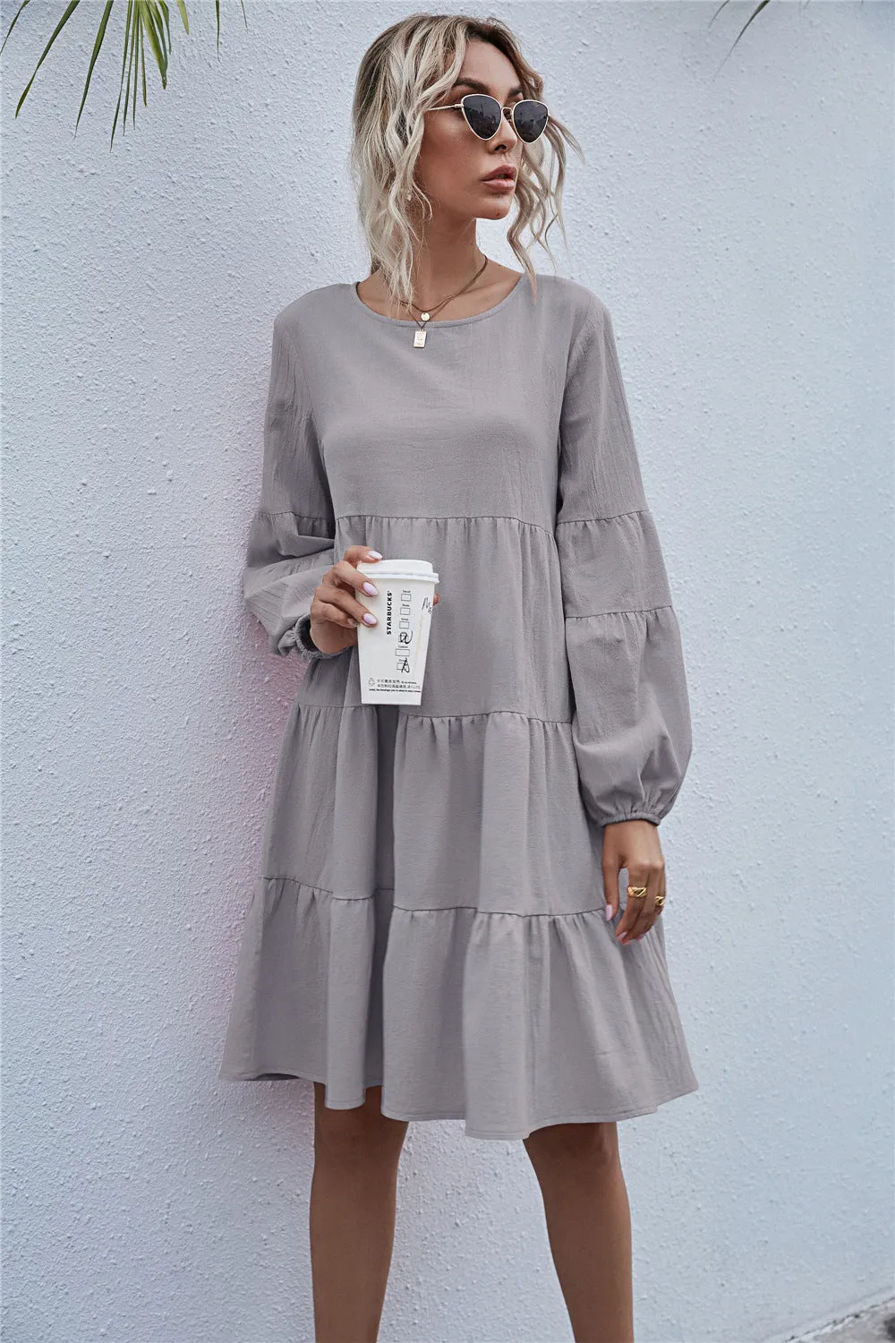 Round Neck Lantern Elastic Bubble Sleeve Mini Dresses