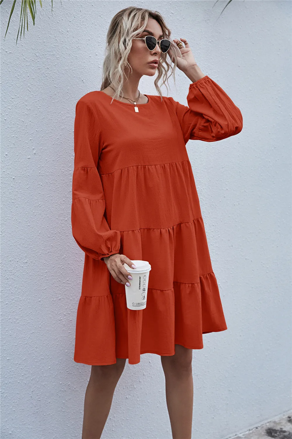 Round Neck Lantern Elastic Bubble Sleeve Mini Dresses