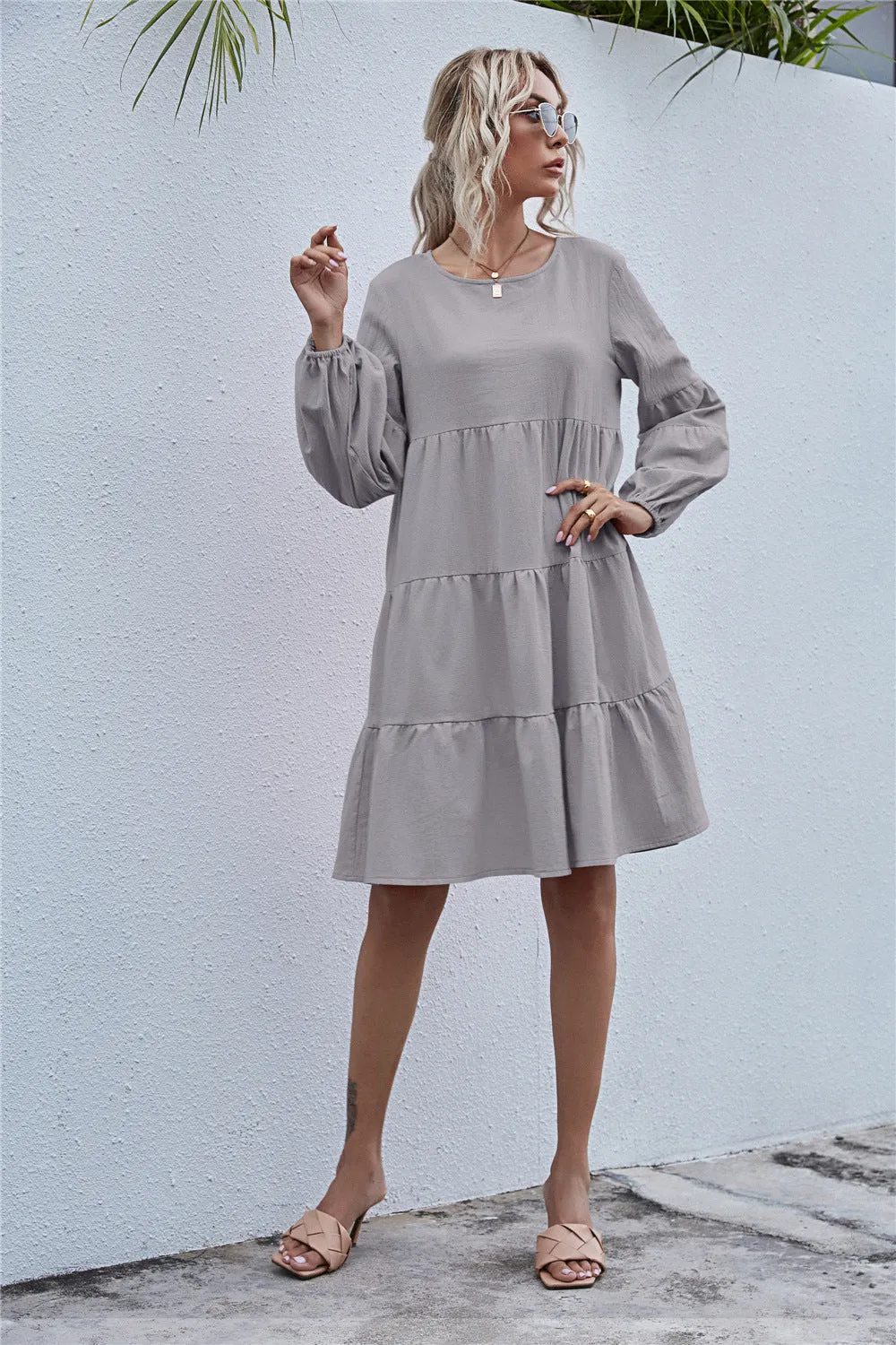 Round Neck Lantern Elastic Bubble Sleeve Mini Dresses