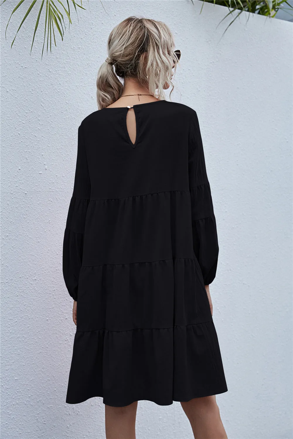 Round Neck Lantern Elastic Bubble Sleeve Mini Dresses