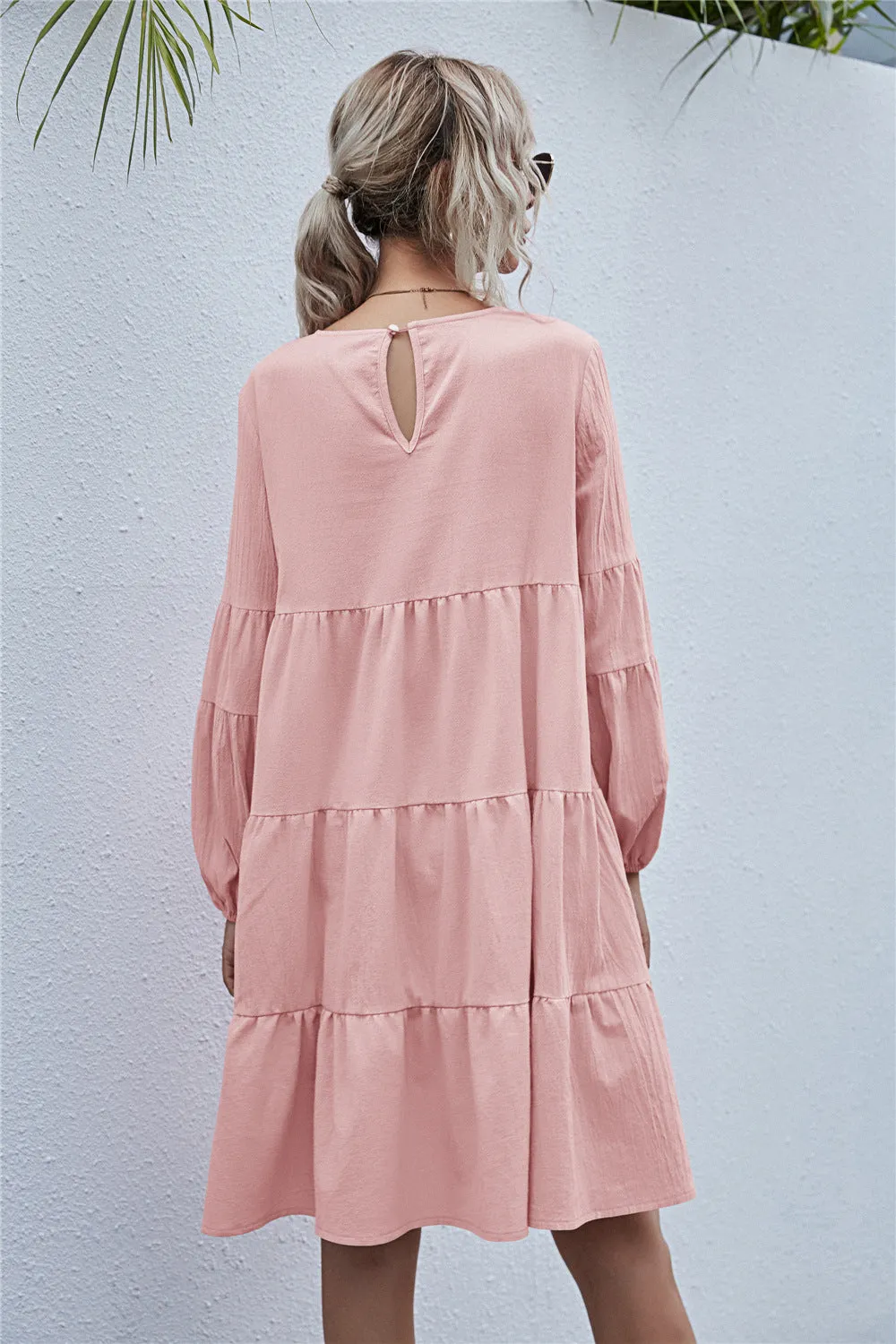 Round Neck Lantern Elastic Bubble Sleeve Mini Dresses