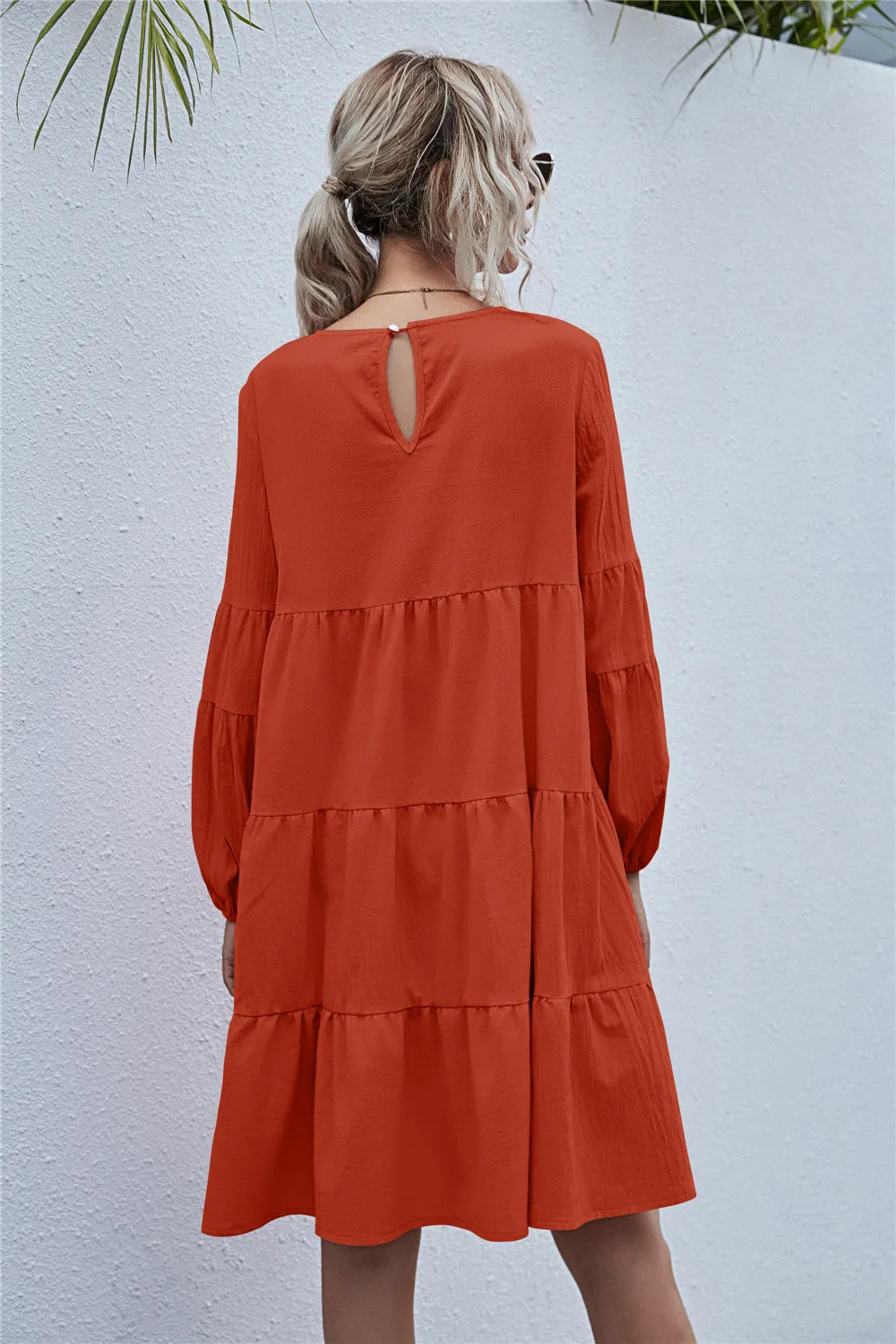 Round Neck Lantern Elastic Bubble Sleeve Mini Dresses
