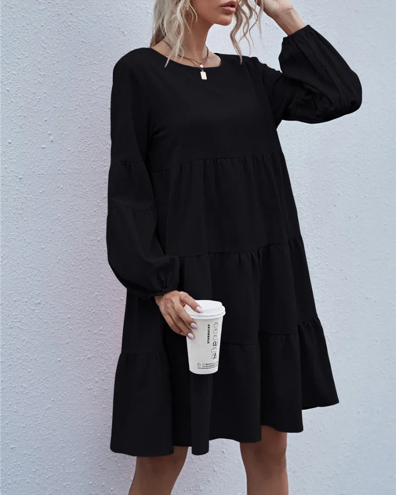 Round Neck Lantern Elastic Bubble Sleeve Mini Dresses