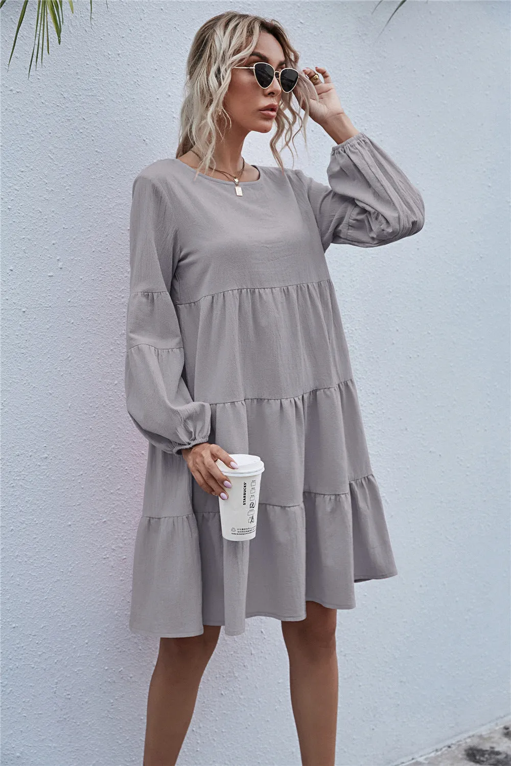 Round Neck Lantern Elastic Bubble Sleeve Mini Dresses