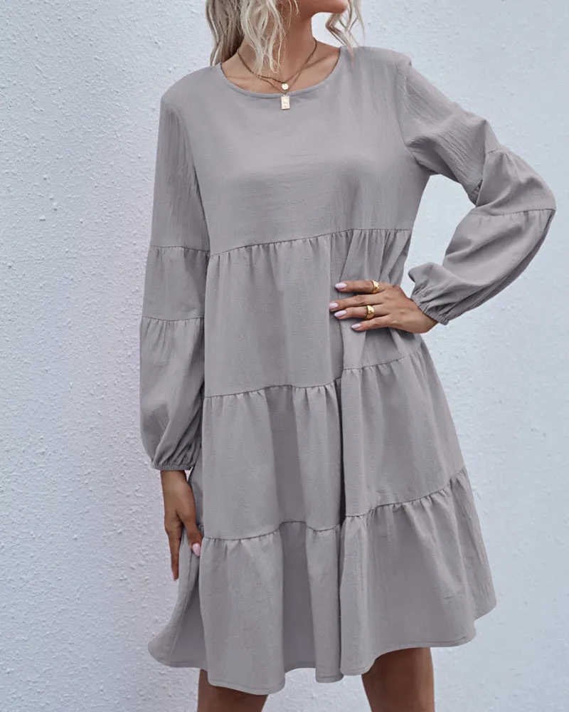 Round Neck Lantern Elastic Bubble Sleeve Mini Dresses