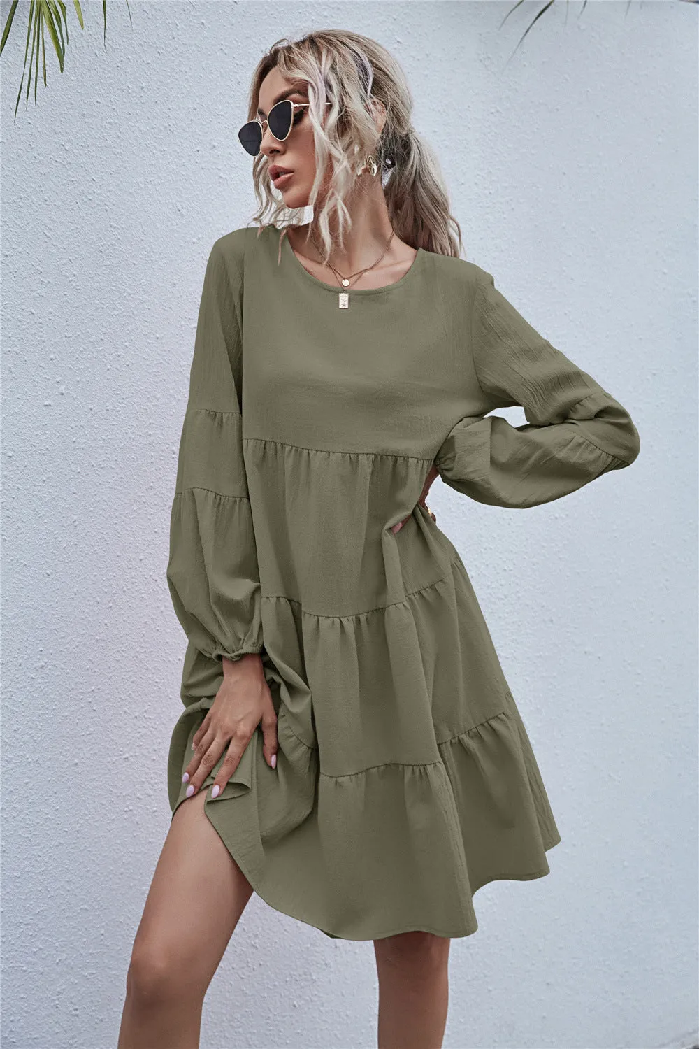 Round Neck Lantern Elastic Bubble Sleeve Mini Dresses