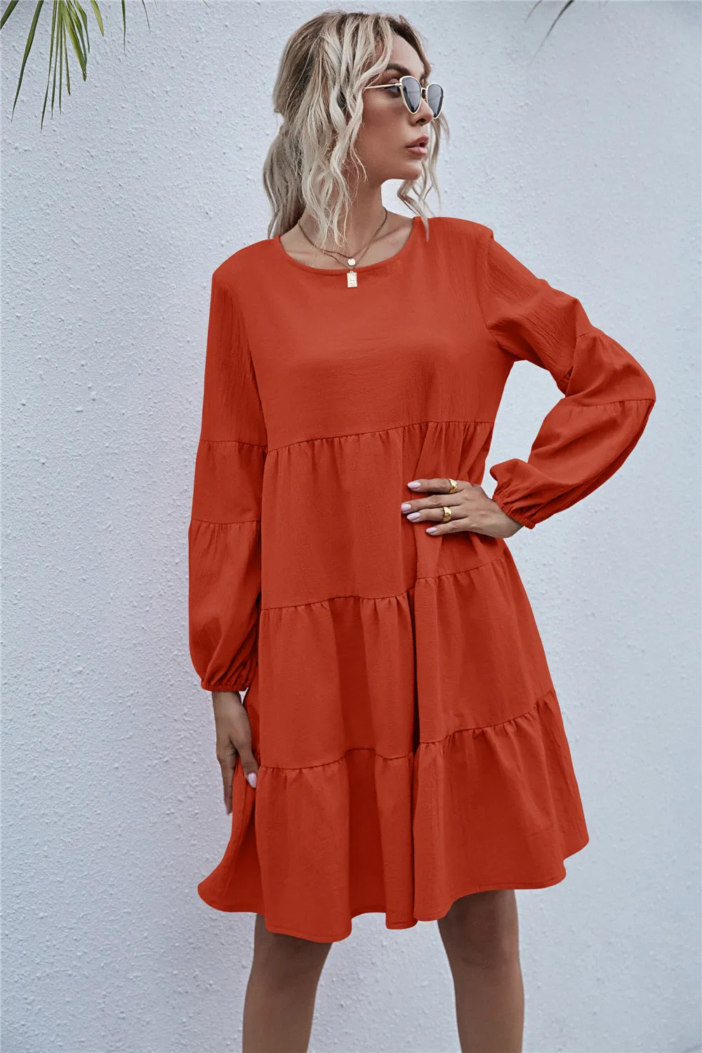 Round Neck Lantern Elastic Bubble Sleeve Mini Dresses