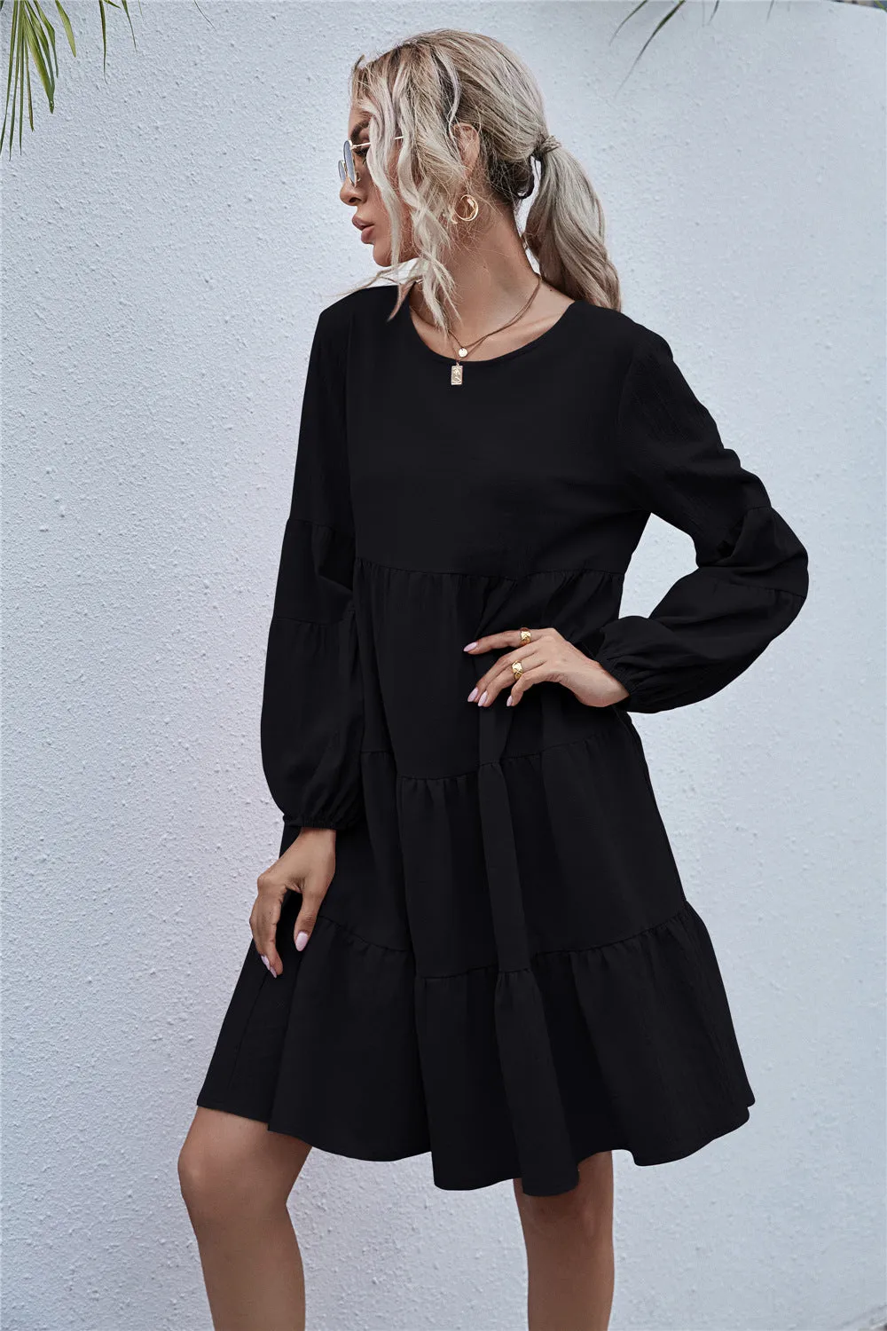 Round Neck Lantern Elastic Bubble Sleeve Mini Dresses