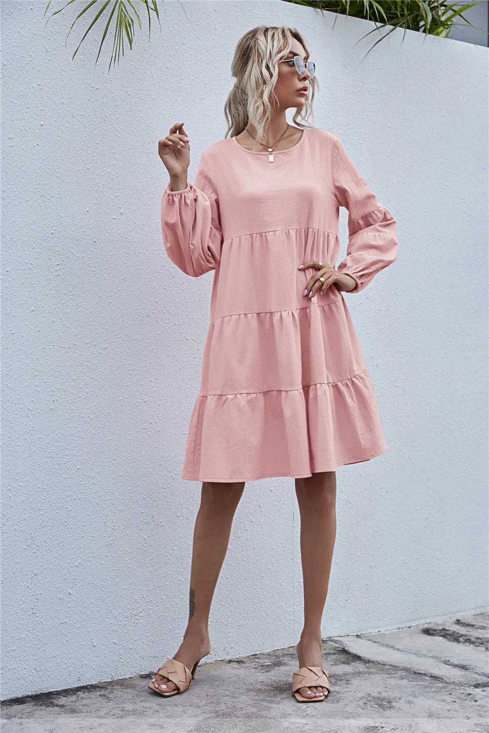 Round Neck Lantern Elastic Bubble Sleeve Mini Dresses