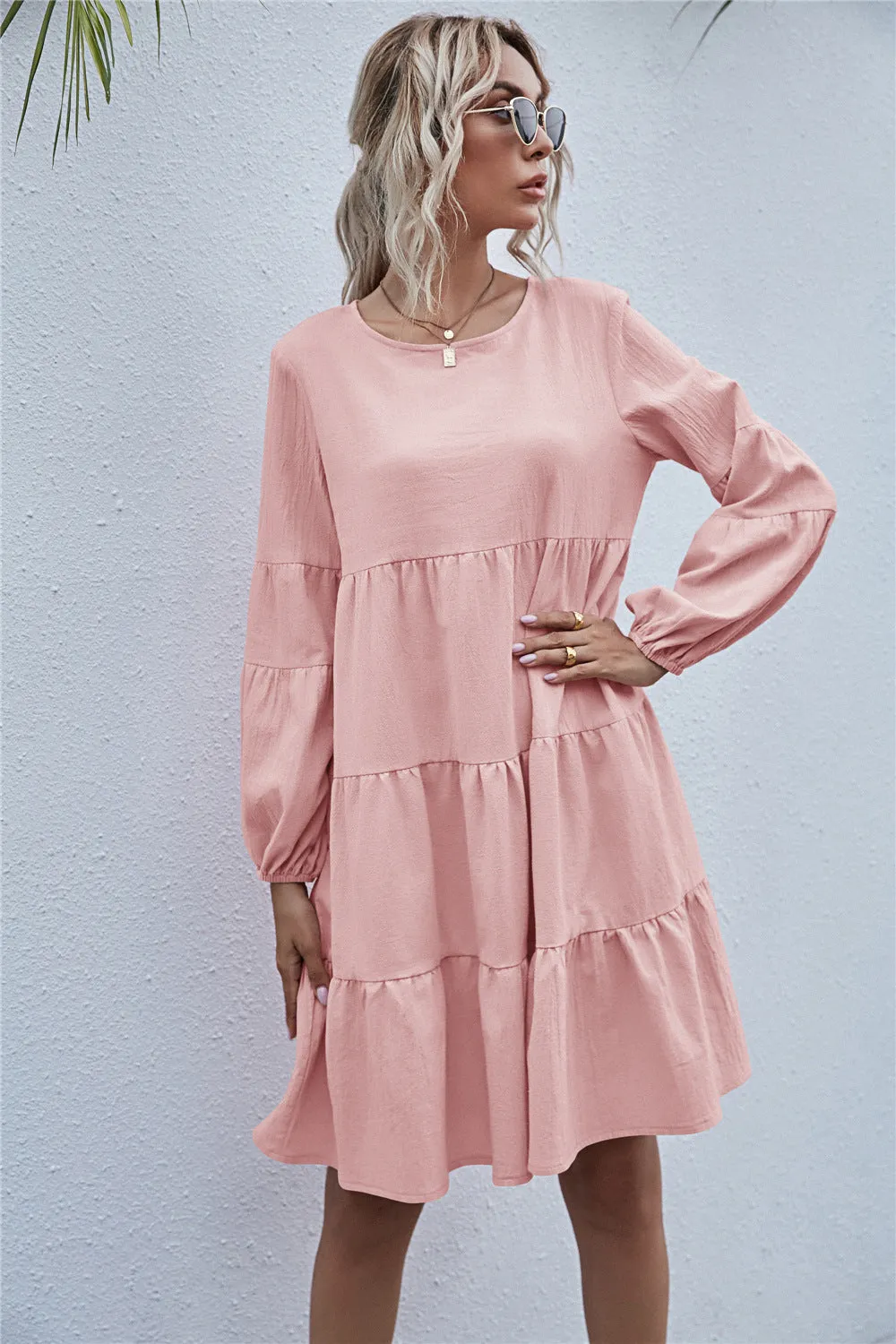 Round Neck Lantern Elastic Bubble Sleeve Mini Dresses