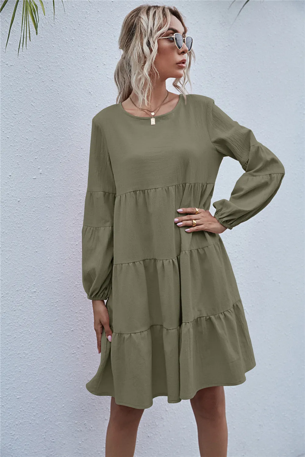 Round Neck Lantern Elastic Bubble Sleeve Mini Dresses