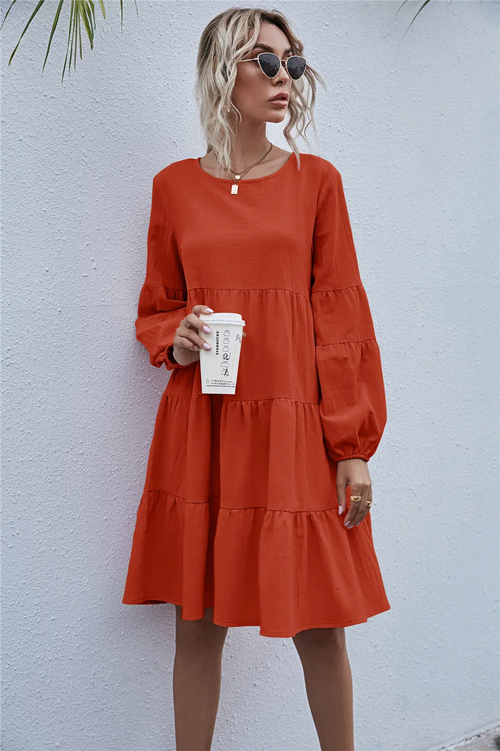 Round Neck Lantern Elastic Bubble Sleeve Mini Dresses