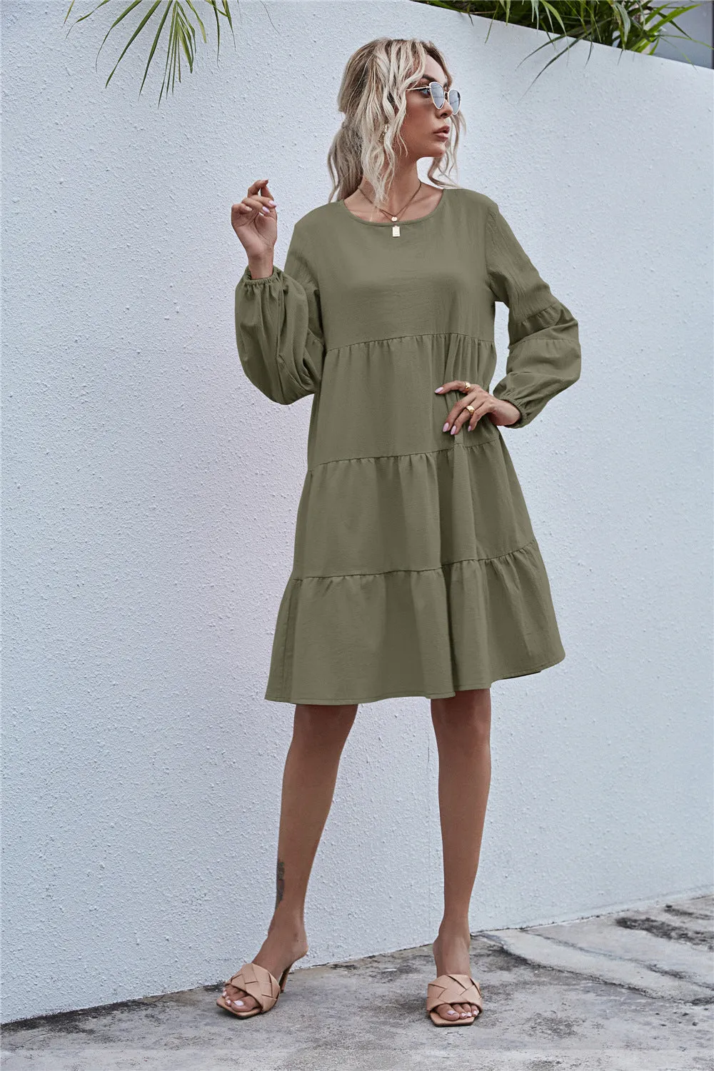 Round Neck Lantern Elastic Bubble Sleeve Mini Dresses