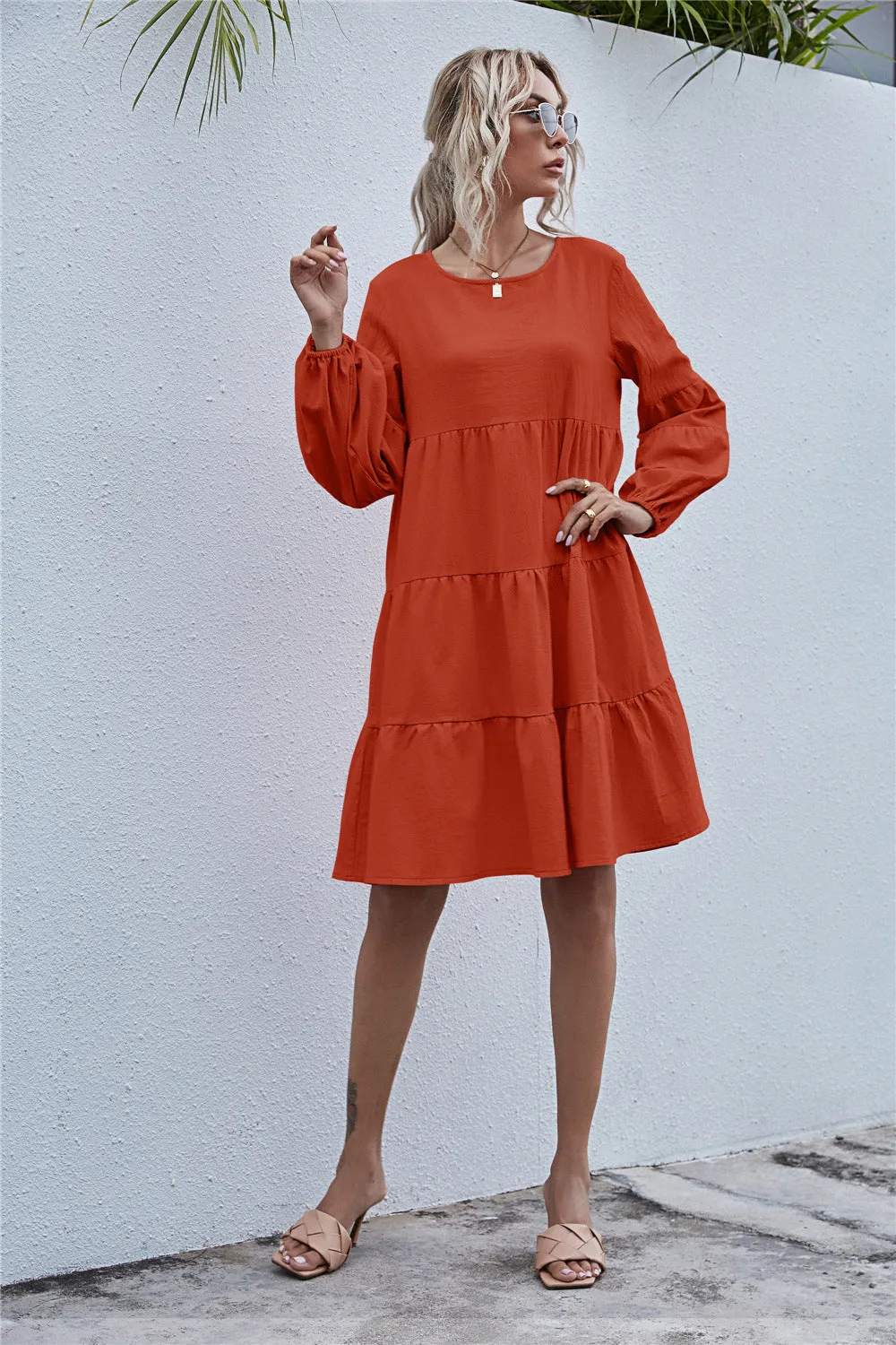 Round Neck Lantern Elastic Bubble Sleeve Mini Dresses
