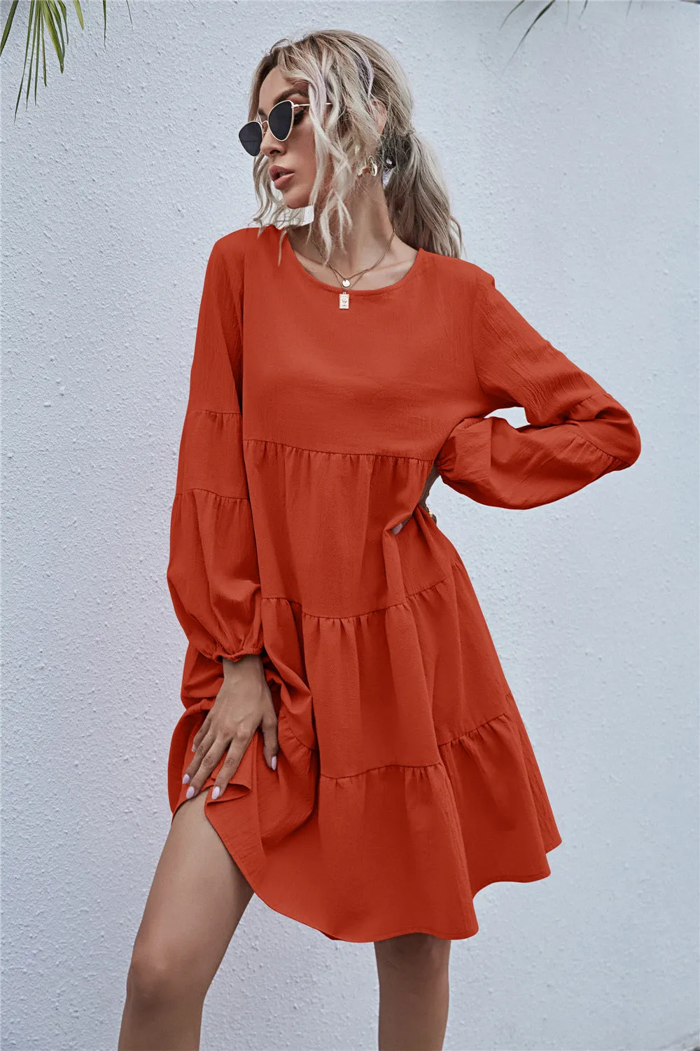Round Neck Lantern Elastic Bubble Sleeve Mini Dresses