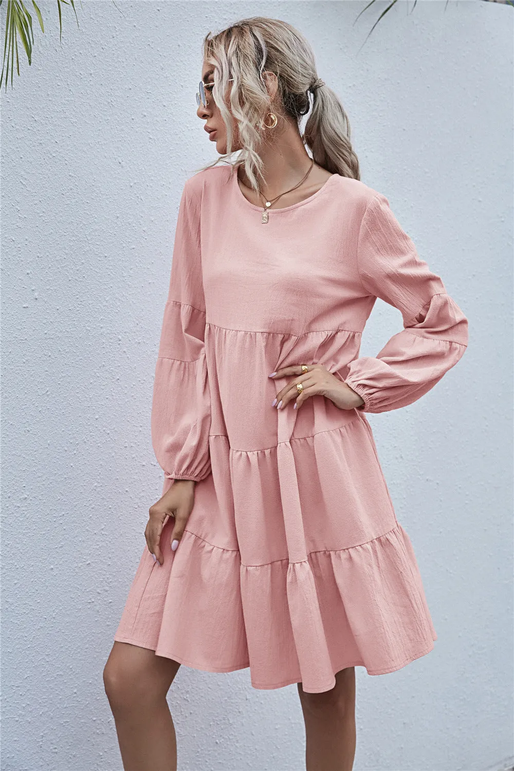 Round Neck Lantern Elastic Bubble Sleeve Mini Dresses