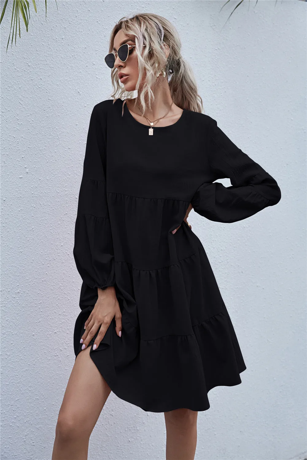 Round Neck Lantern Elastic Bubble Sleeve Mini Dresses